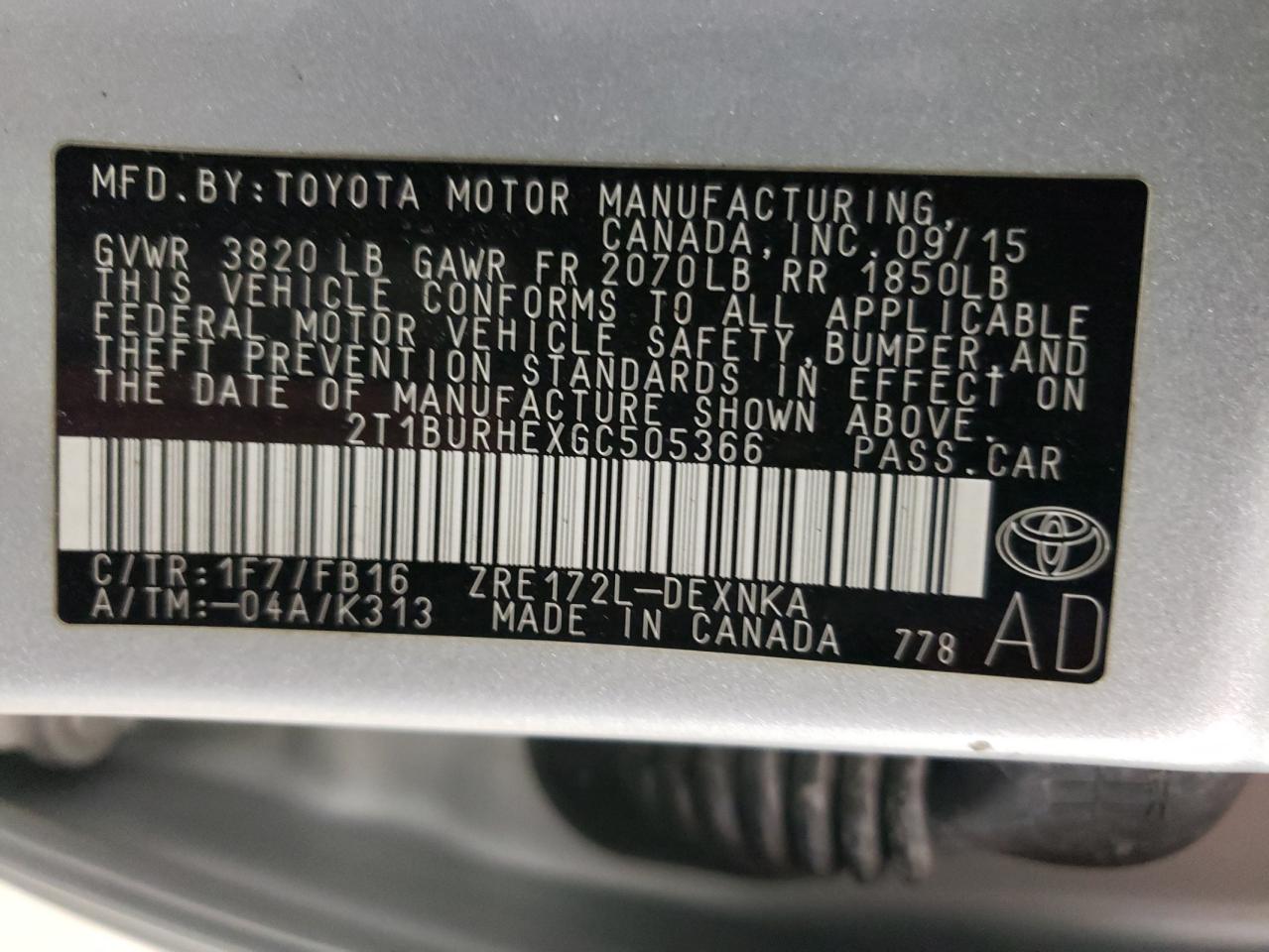 2T1BURHEXGC505366 2016 Toyota Corolla L