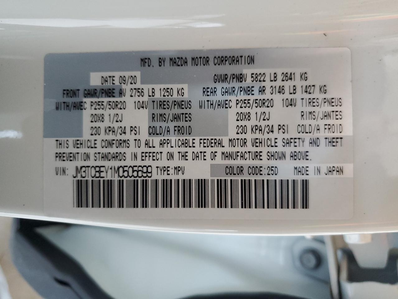 JM3TCBEY1M0505699 MAZDA CX-9 2021
