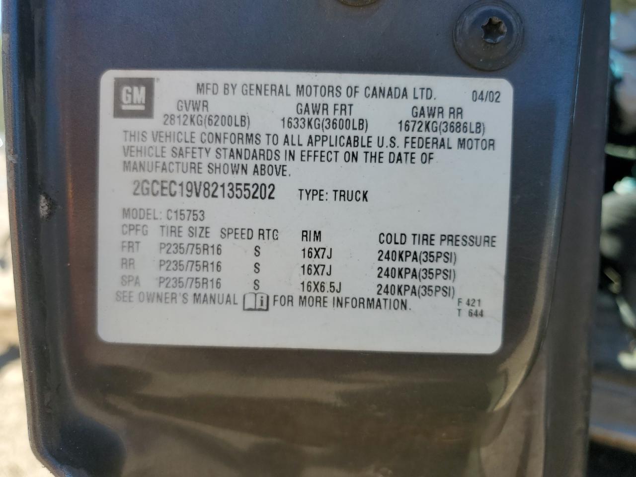 2GCEC19V821355202 2002 Chevrolet Silverado C1500