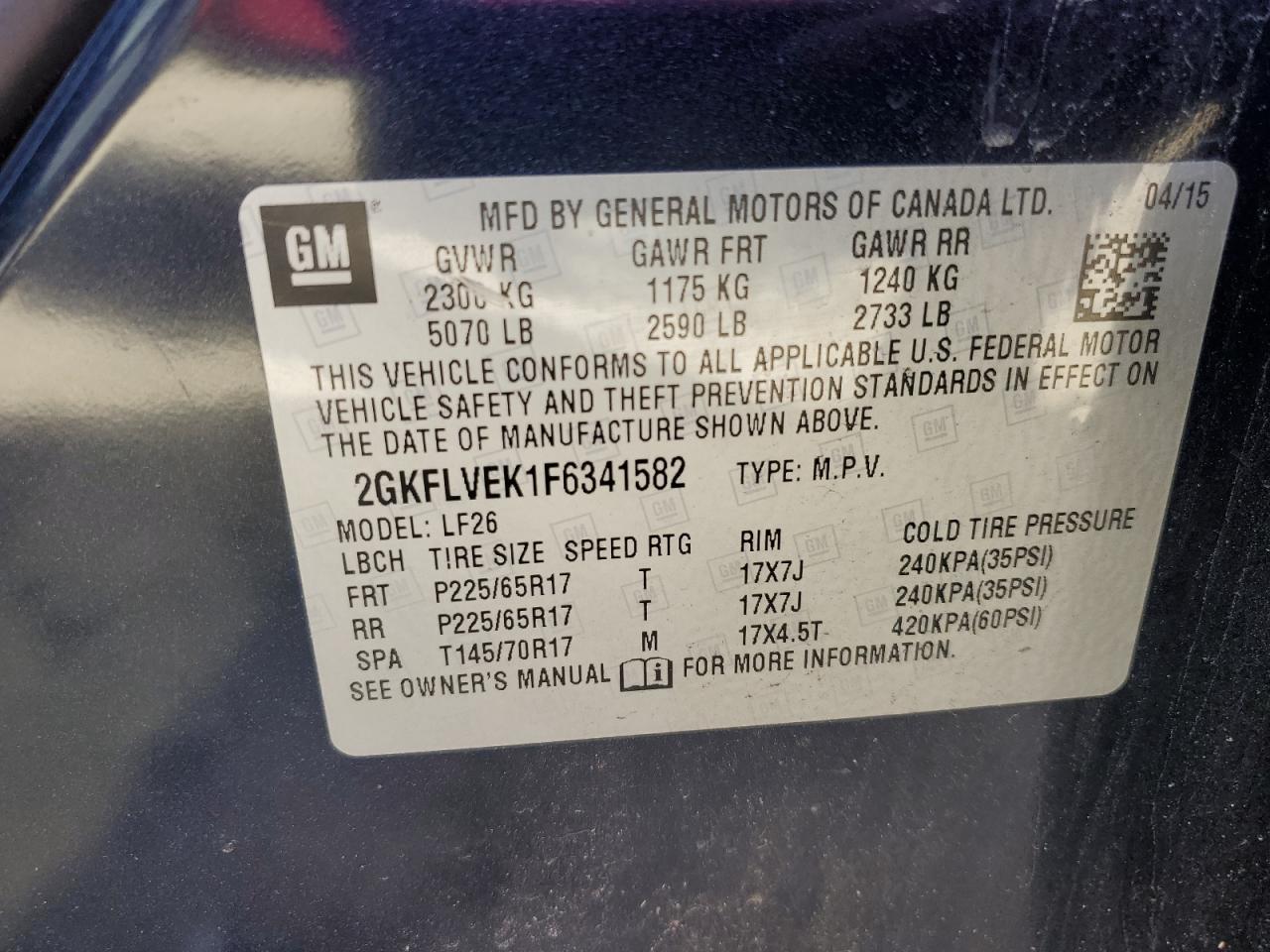 2GKFLVEK1F6341582 2015 GMC Terrain Sle