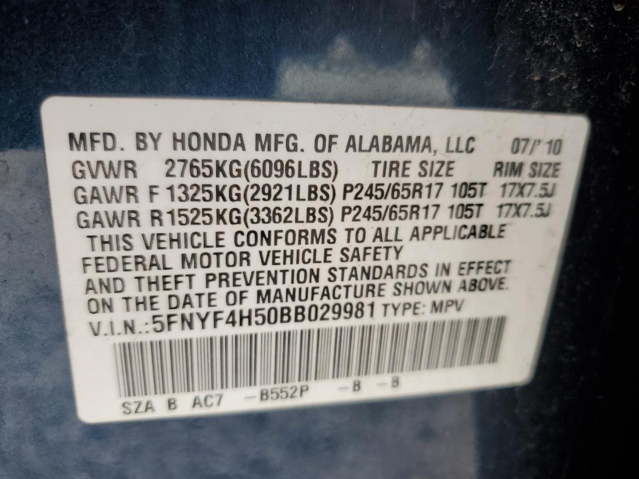 5FNYF4H50BB029981 2011 Honda Pilot Exl