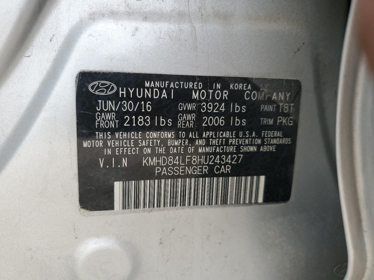 KMHD84LF8HU243427 2017 Hyundai Elantra Se