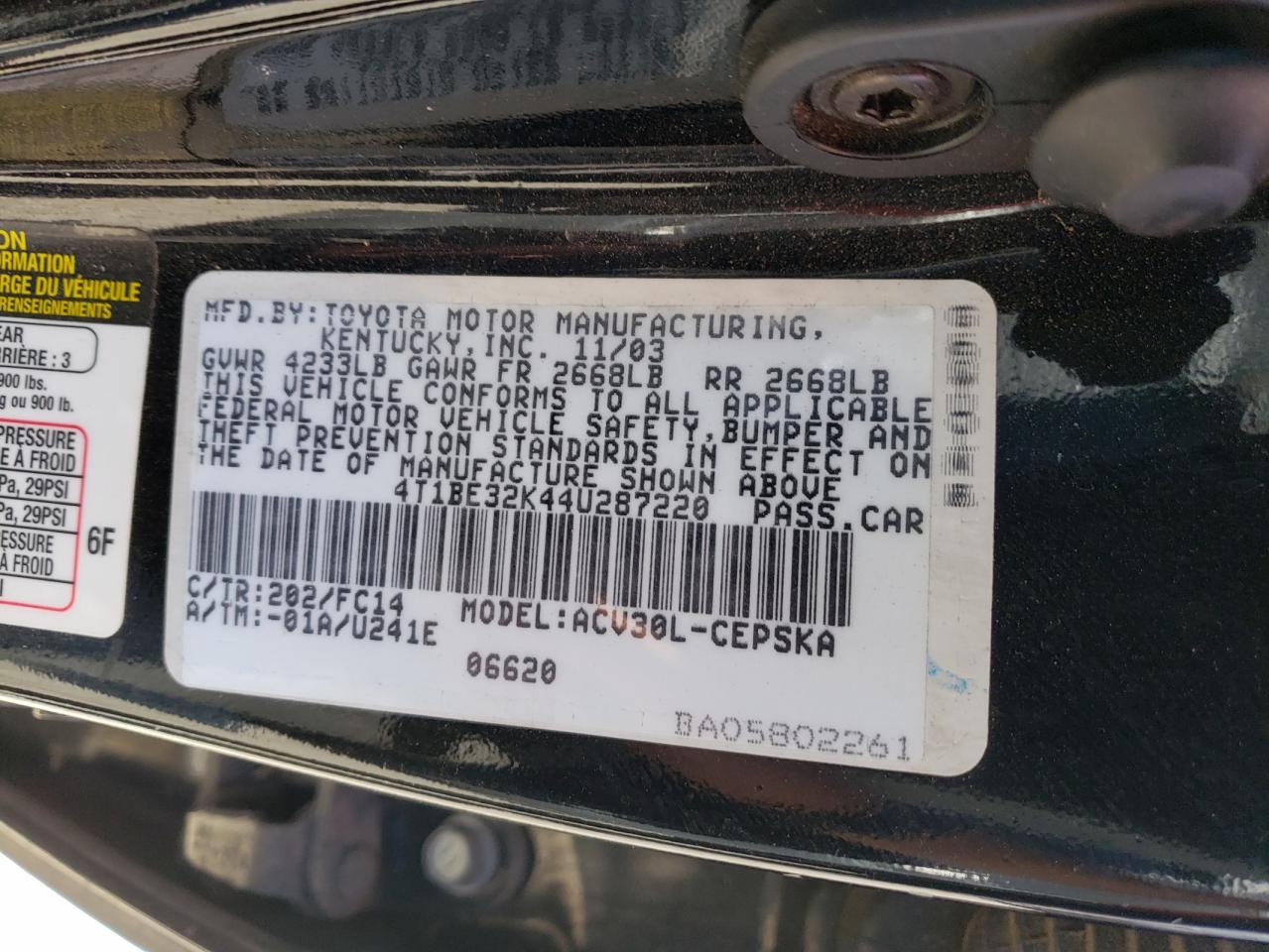 4T1BE32K44U287220 2004 Toyota Camry Le
