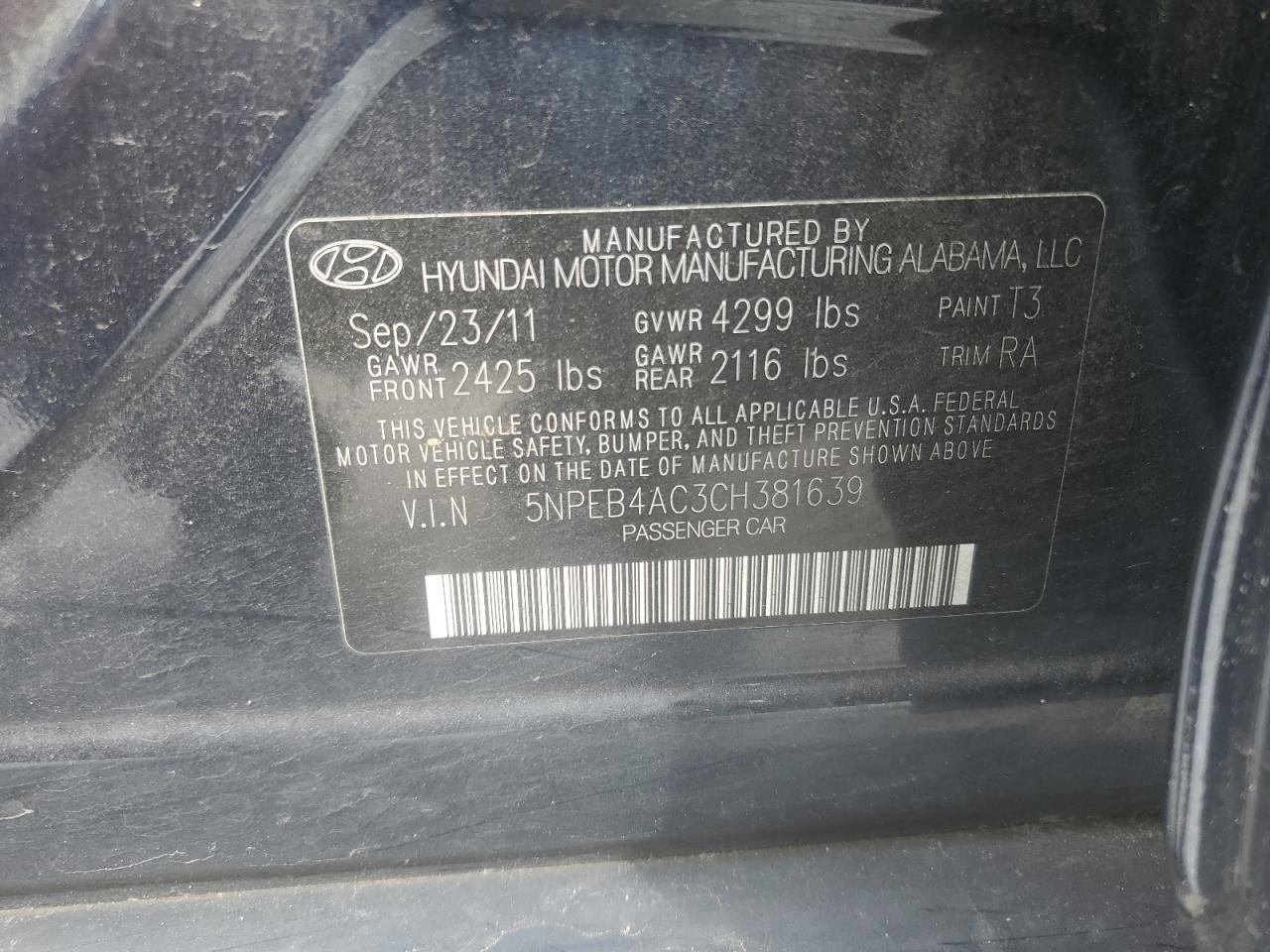 5NPEB4AC3CH381639 2012 Hyundai Sonata Gls