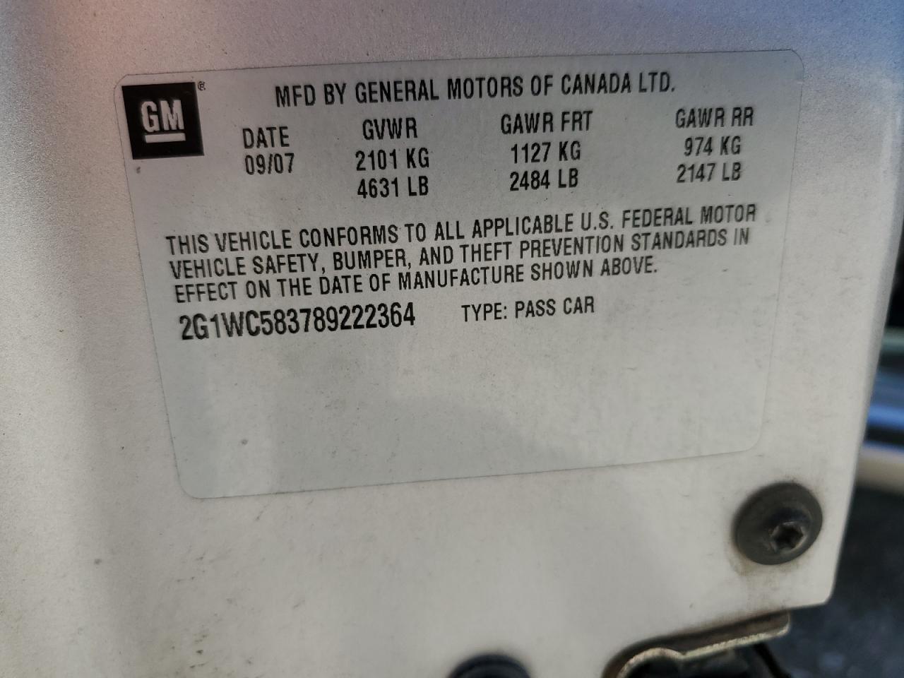 2G1WC583789222364 2008 Chevrolet Impala Lt