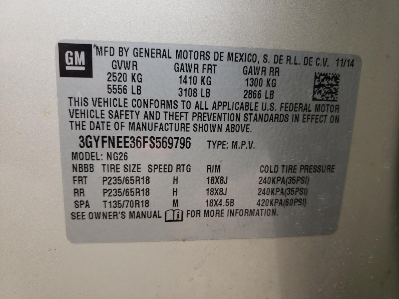 3GYFNEE36FS569796 2015 Cadillac Srx Luxury Collection