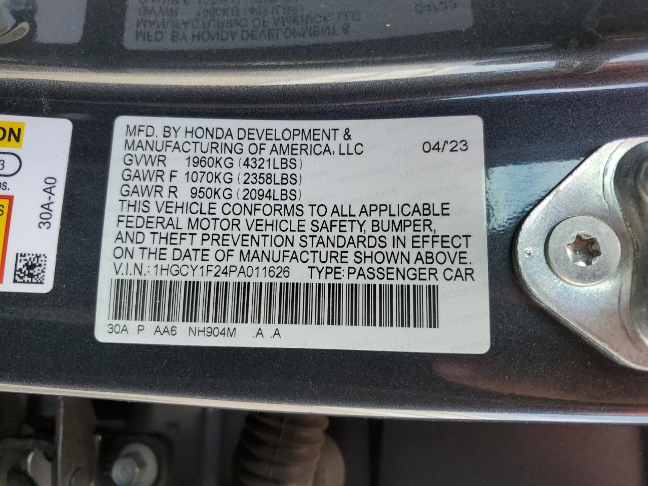 1HGCY1F24PA011626 HONDA ACCORD 2023
