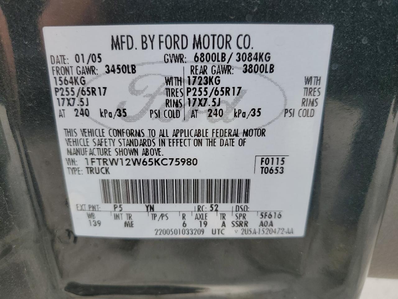 1FTRW12W65KC75980 2005 Ford F150 Supercrew