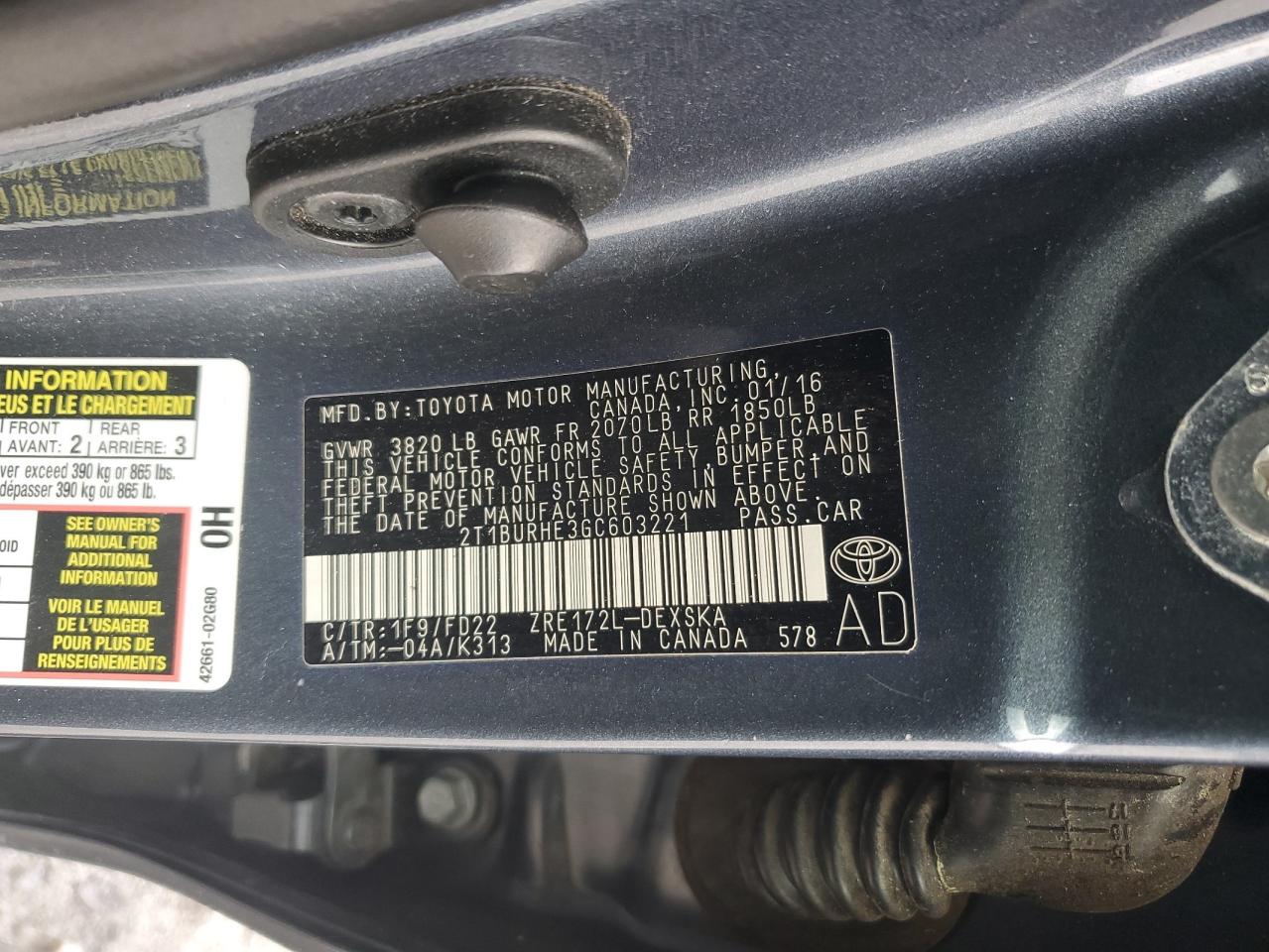 2T1BURHE3GC603221 2016 Toyota Corolla L