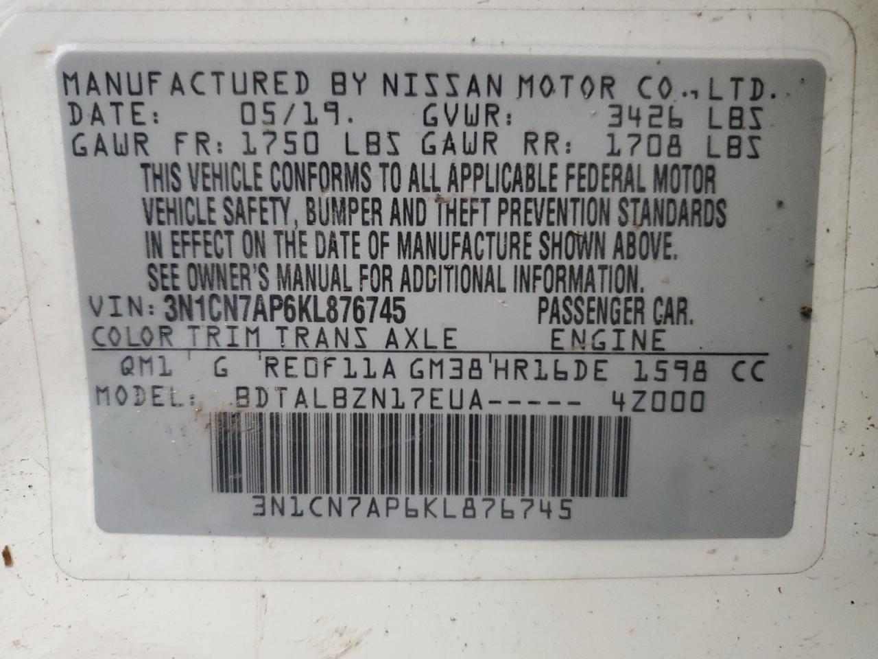 3N1CN7AP6KL876745 2019 Nissan Versa S