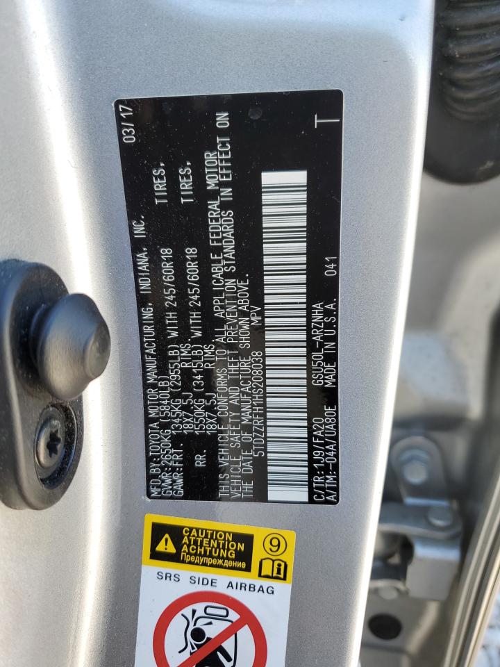 5TDZZRFH1HS208038 2017 Toyota Highlander Le