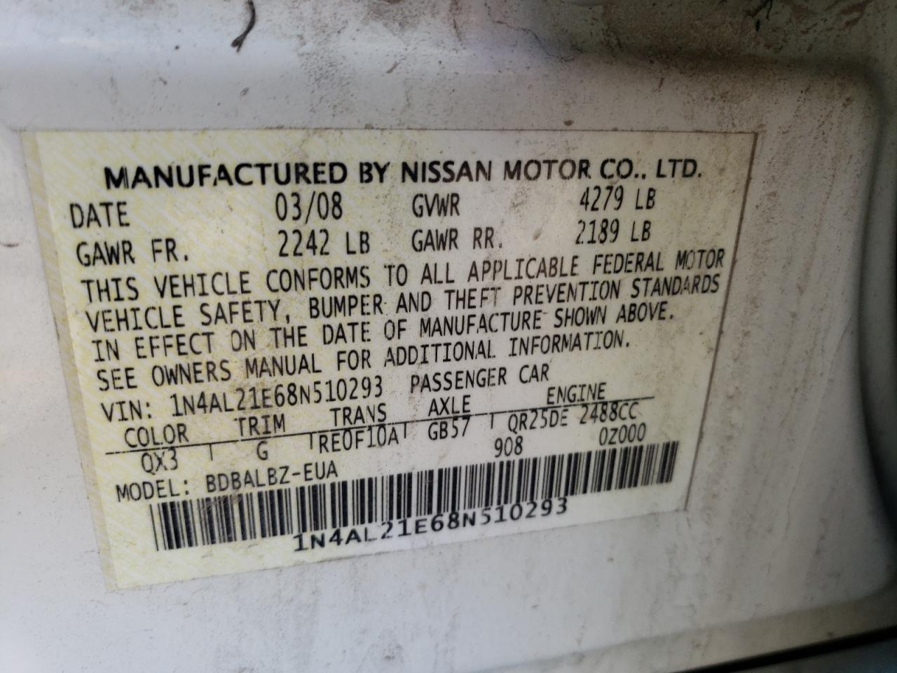 1N4AL21E68N510293 2008 Nissan Altima 2.5