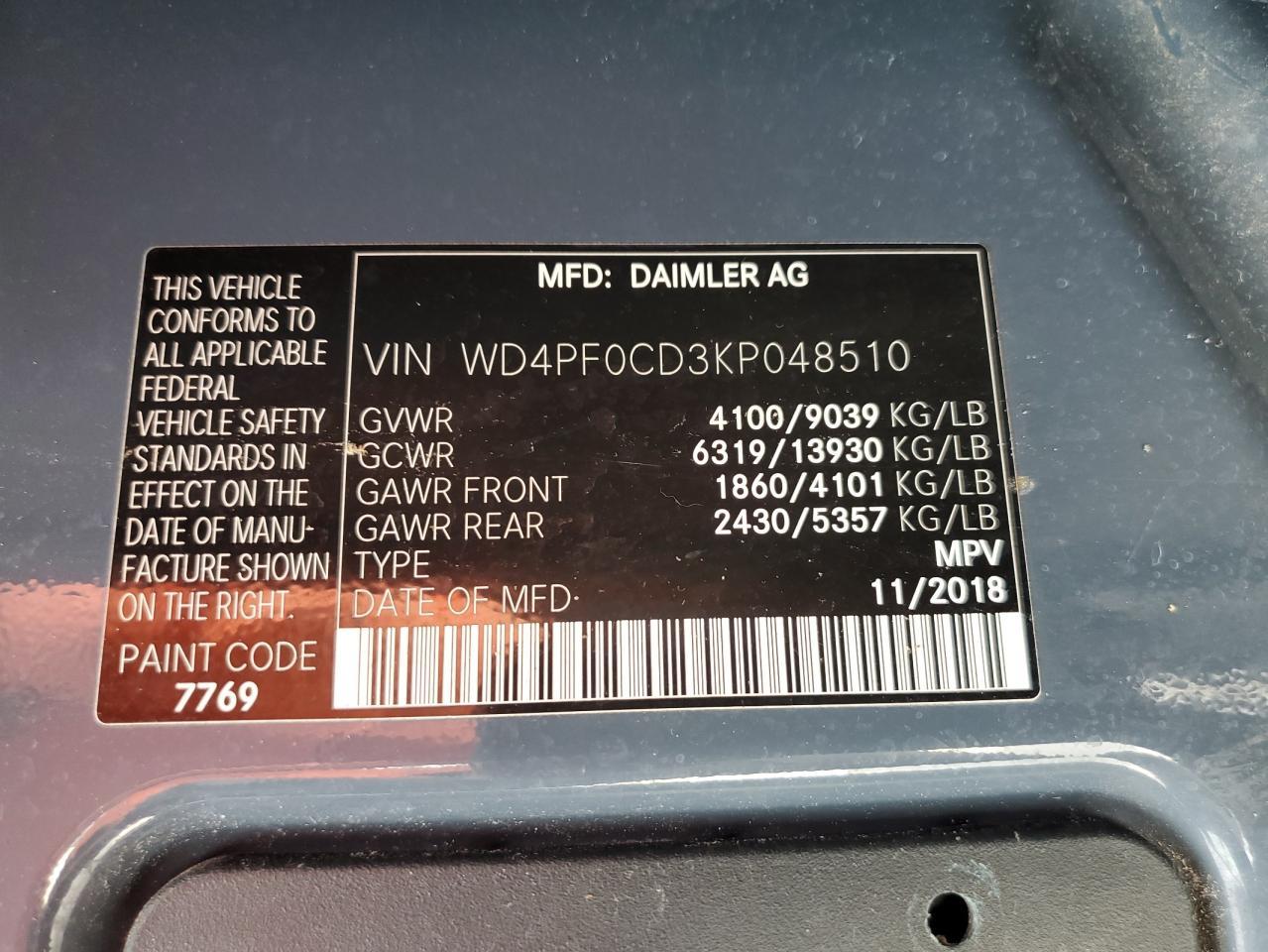 WD4PF0CD3KP048510 2019 Mercedes-Benz Sprinter 2500/3500