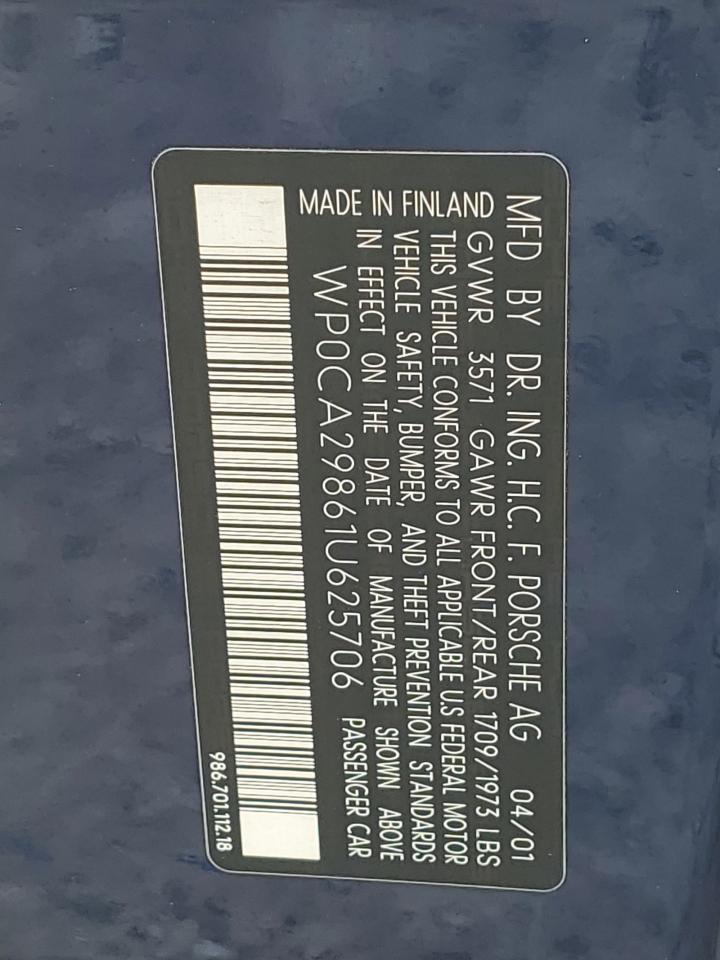 WP0CA29861U625706 2001 Porsche Boxster