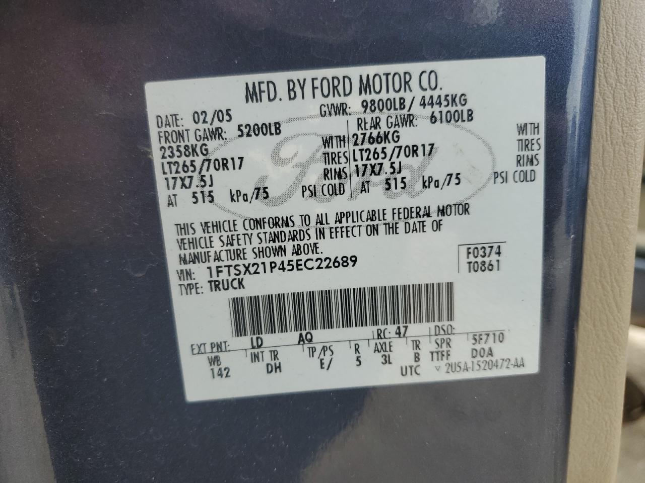 1FTSX21P45EC22689 2005 Ford F250 Super Duty