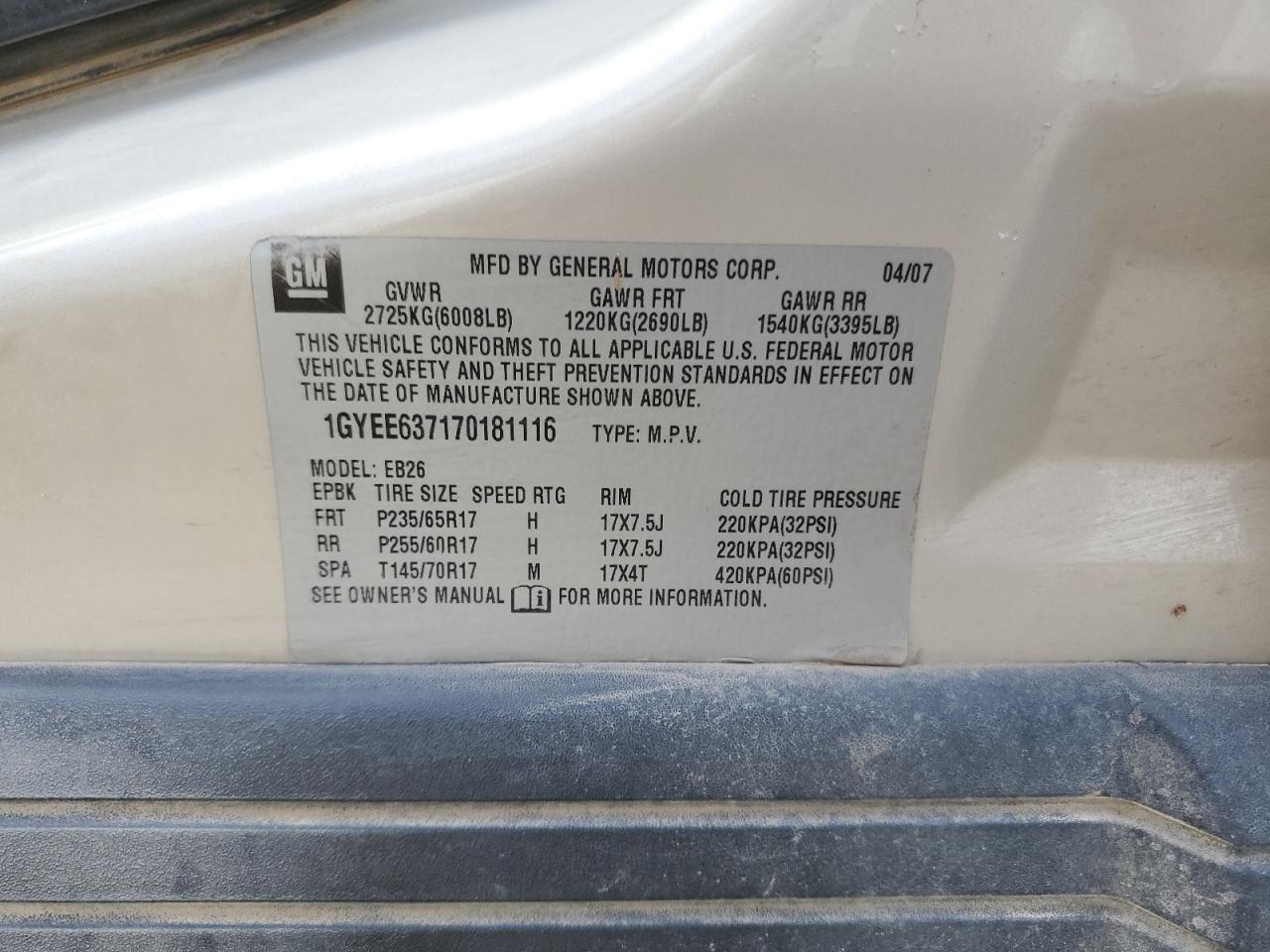 1GYEE637170181116 2007 Cadillac Srx