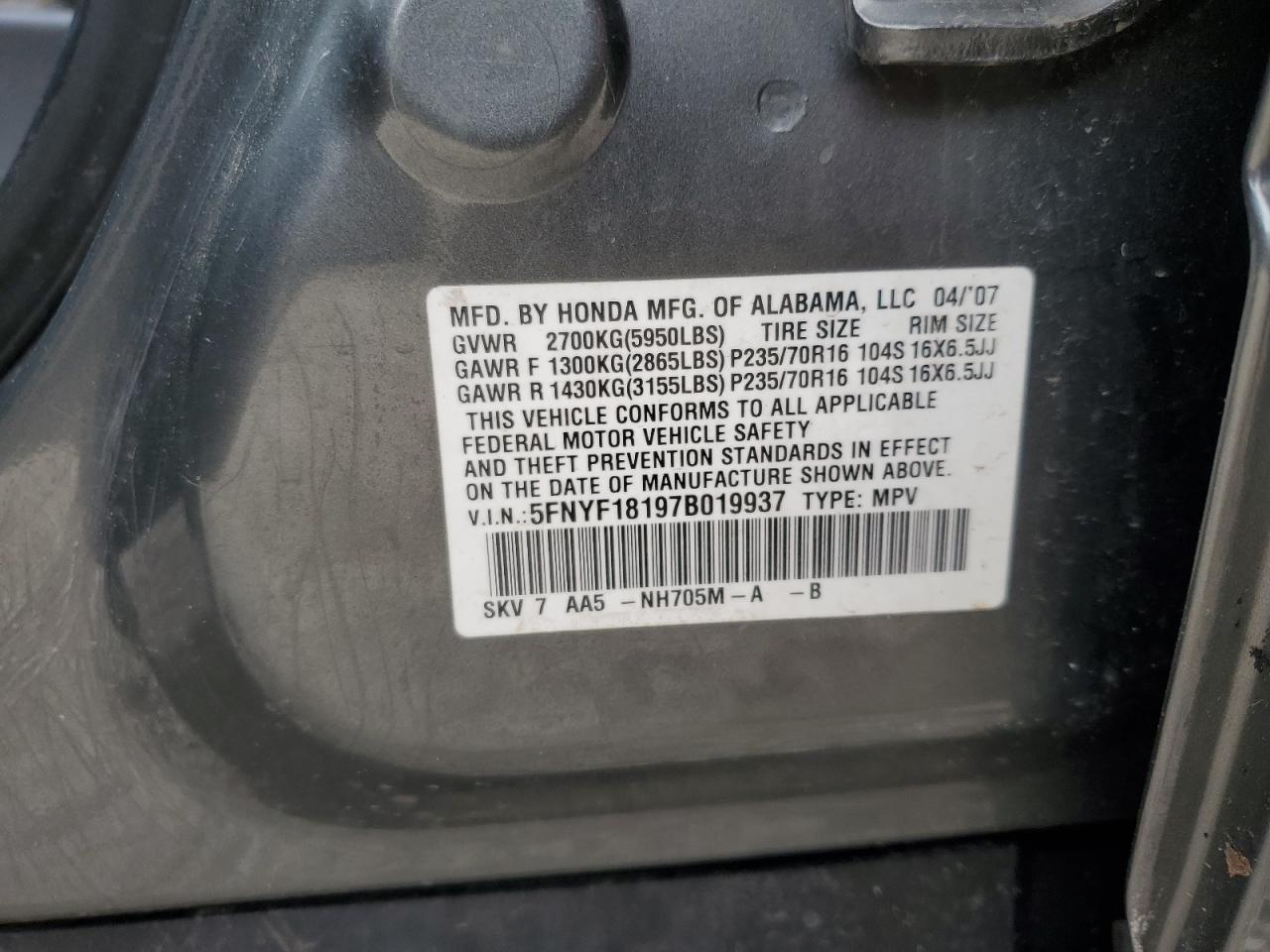 5FNYF18197B019937 2007 Honda Pilot Lx