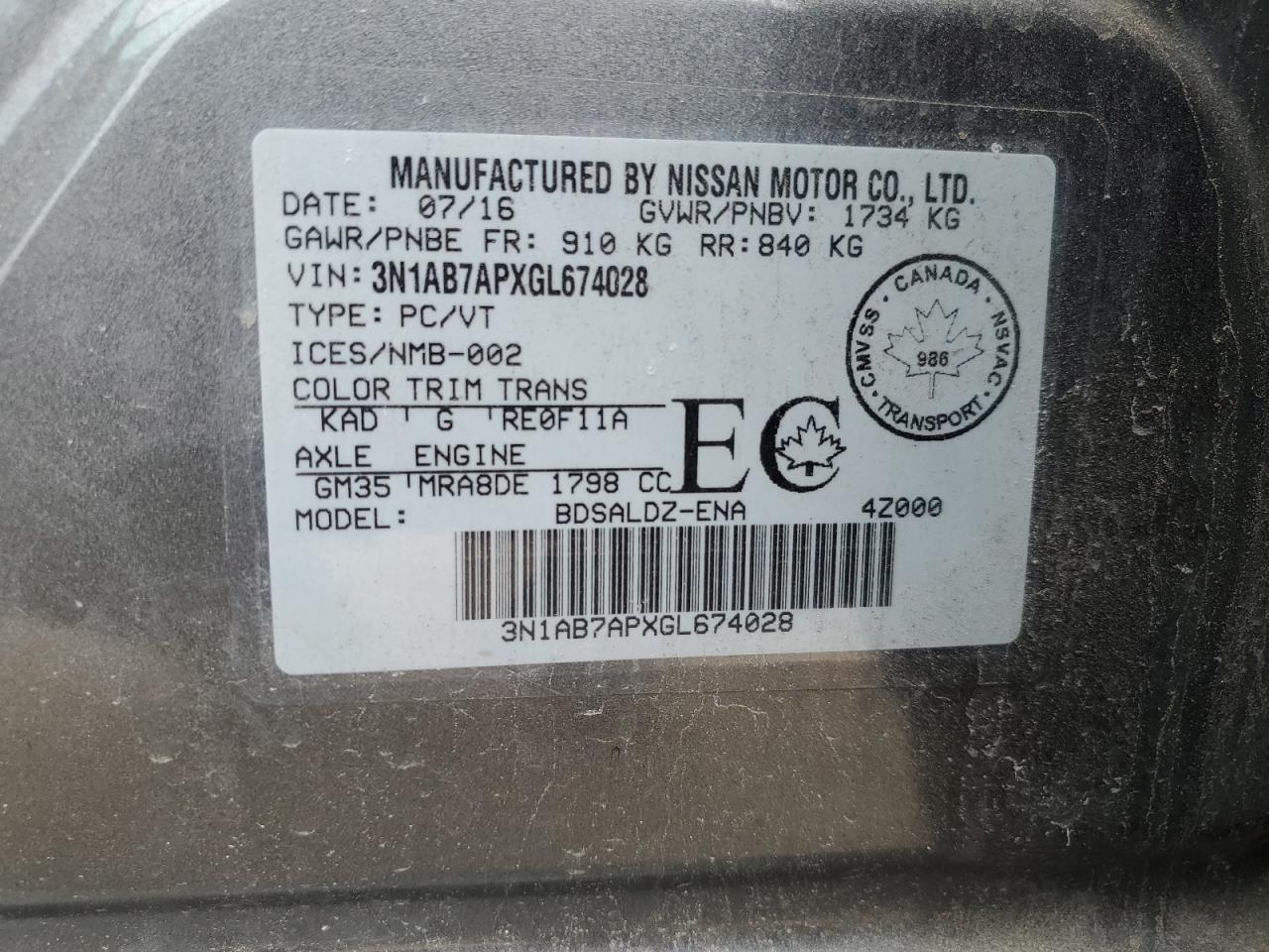 3N1AB7APXGL674028 2016 Nissan Sentra S