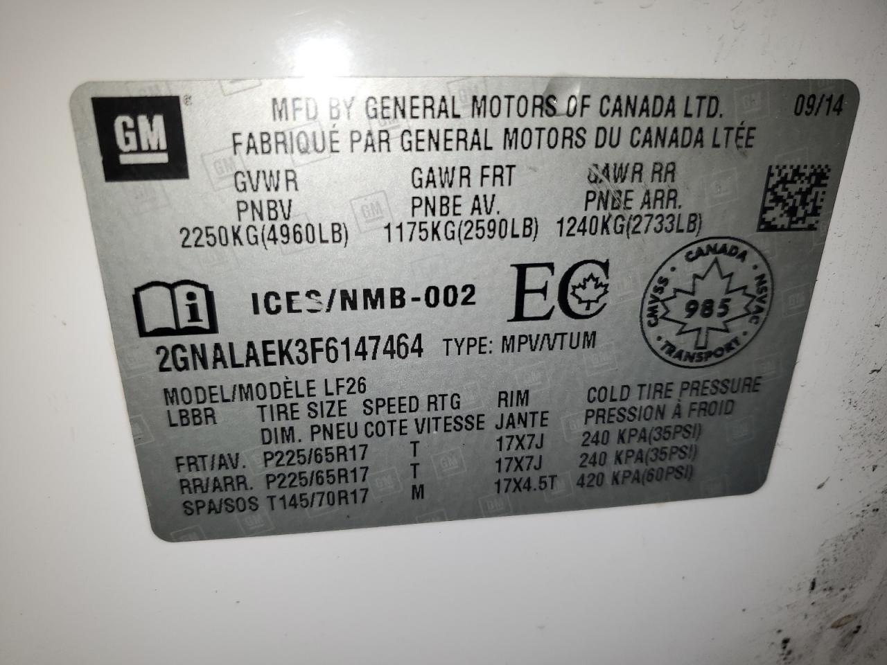 2GNALAEK3F6147464 2015 Chevrolet Equinox Ls