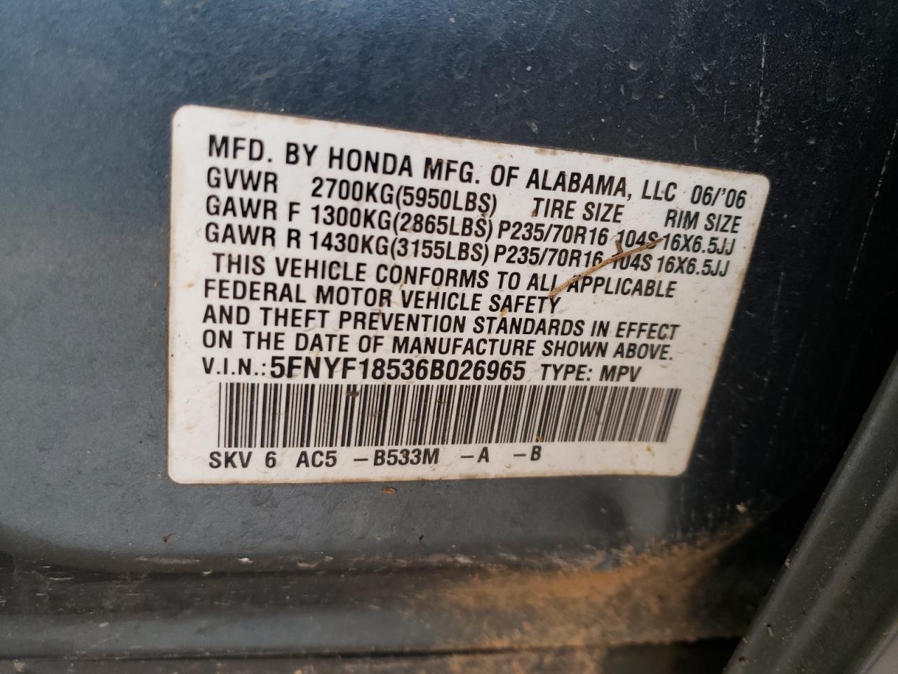 5FNYF18536B026965 2006 Honda Pilot Ex