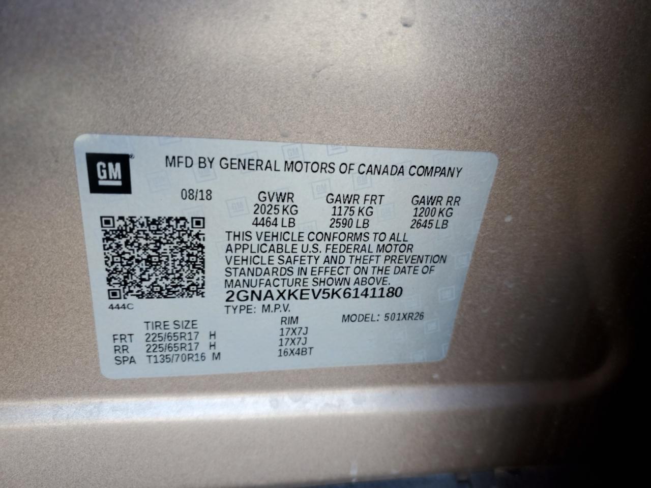 2GNAXKEV5K6141180 CHEVROLET EQUINOX 2019