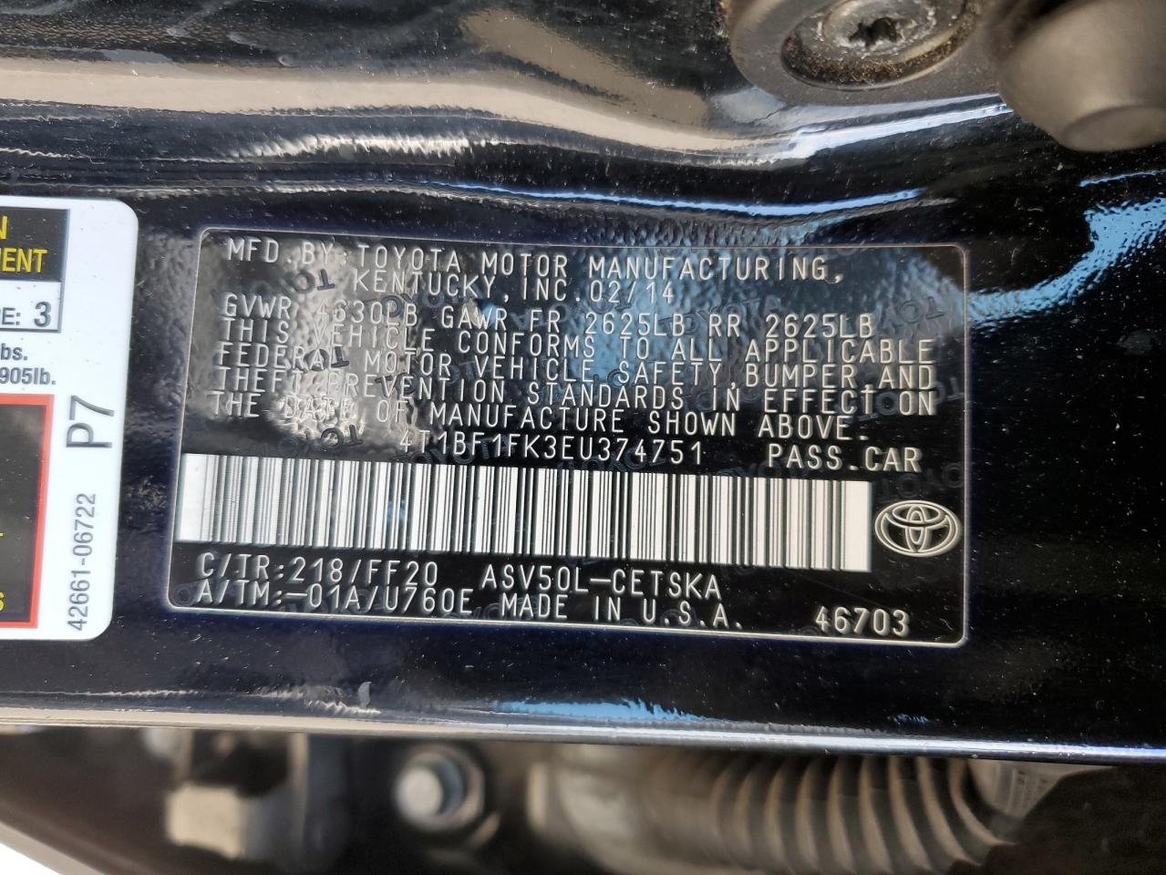 4T1BF1FK3EU374751 2014 Toyota Camry L 4T1BF1FK3EU374751 2014 Toyota Camry L