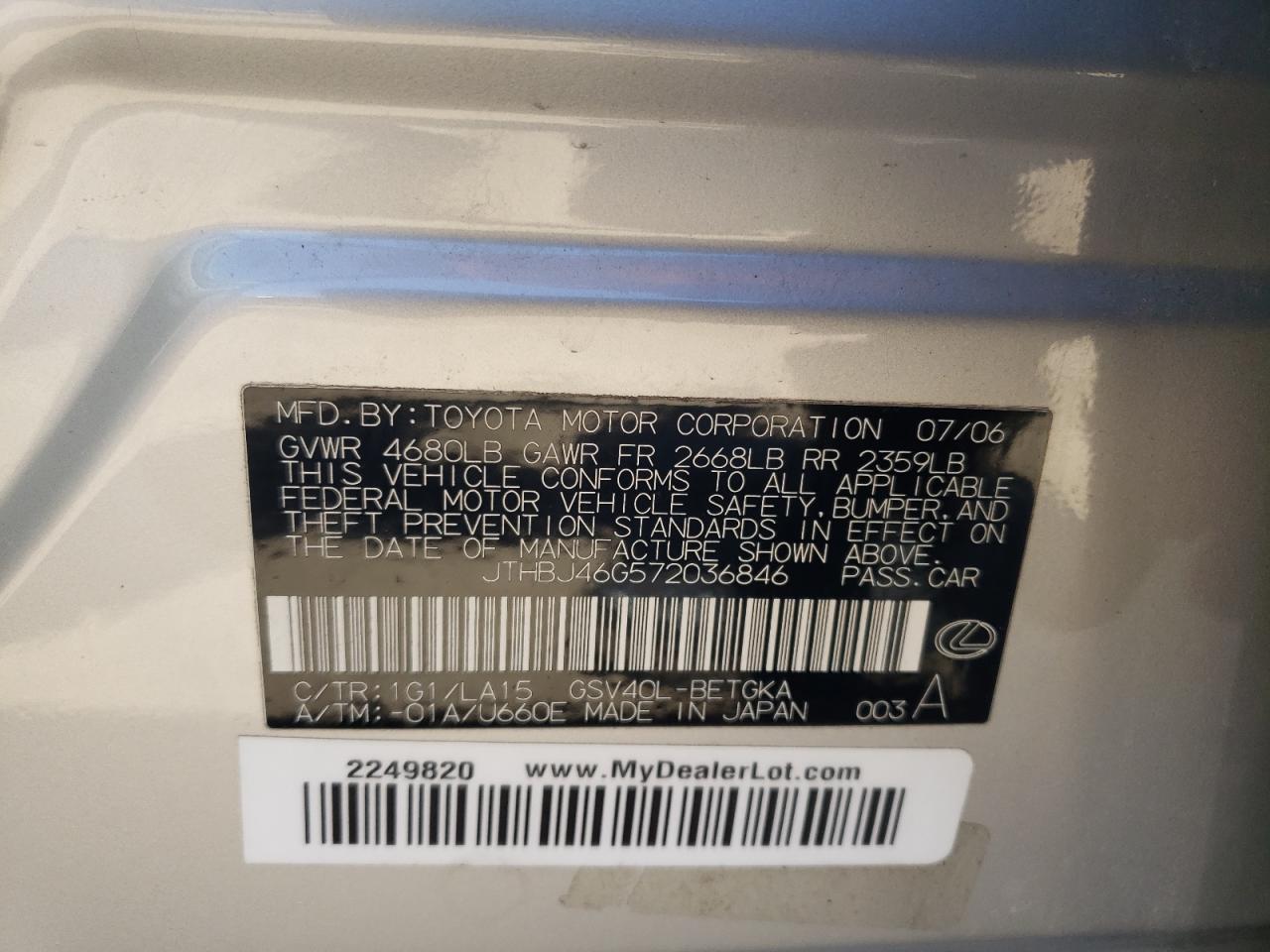 JTHBJ46G572036846 2007 Lexus Es 350