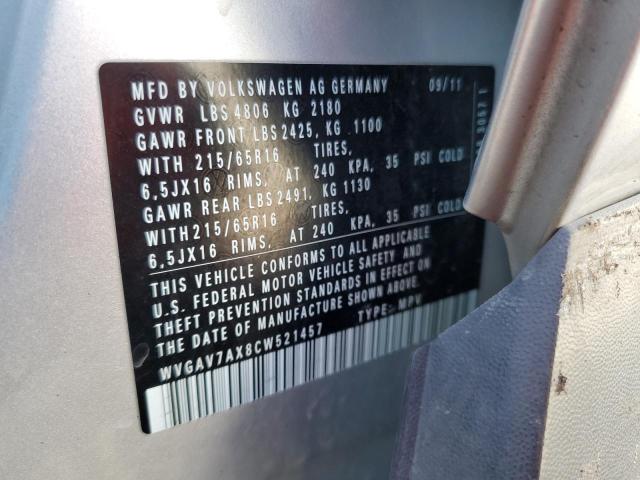 2012 Volkswagen Tiguan S VIN: WVGAV7AX8CW521457 Lot: 50629084