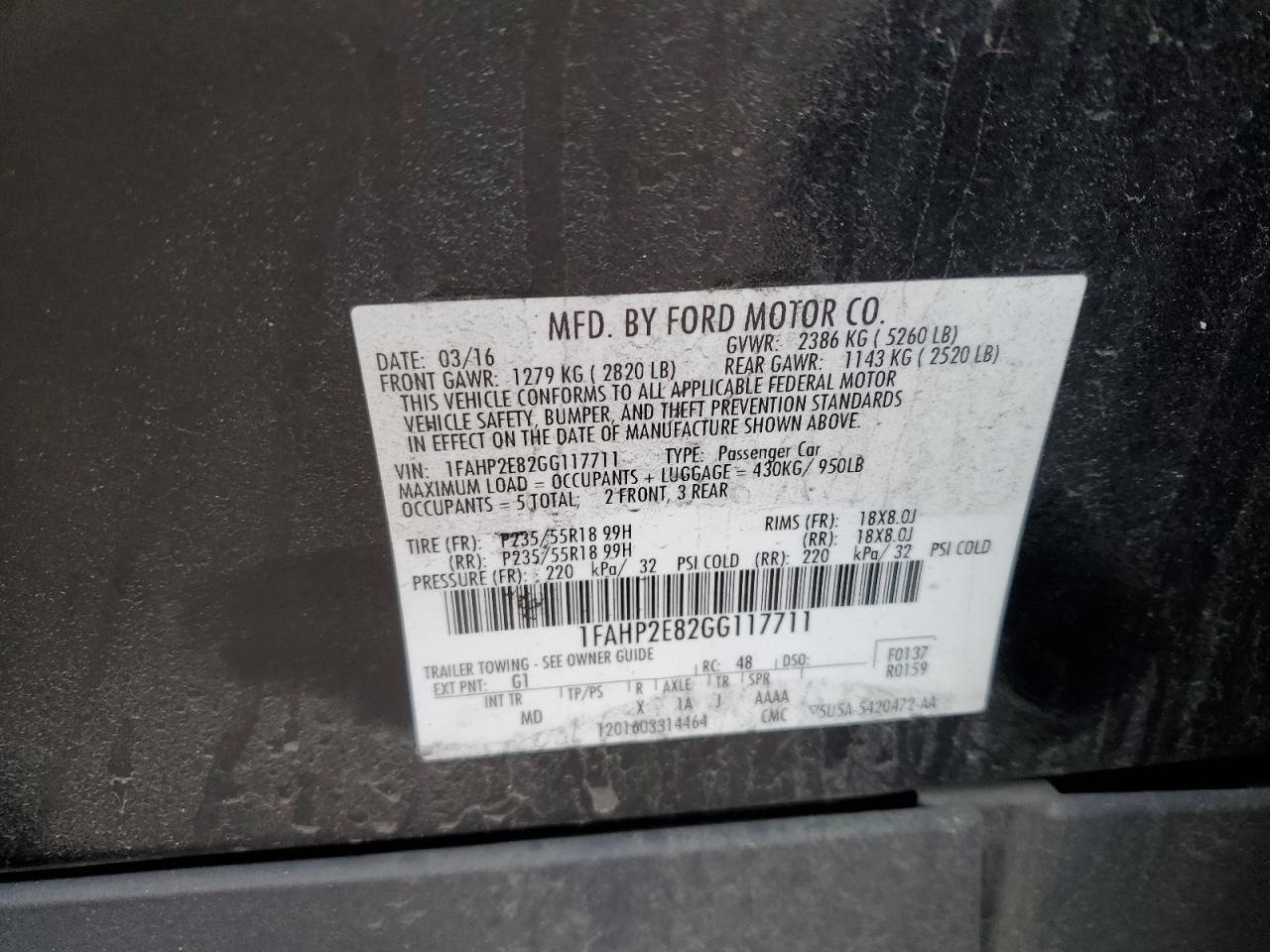 VIN: 1FAHP2E82GG117711 2016 FORD TAURUS