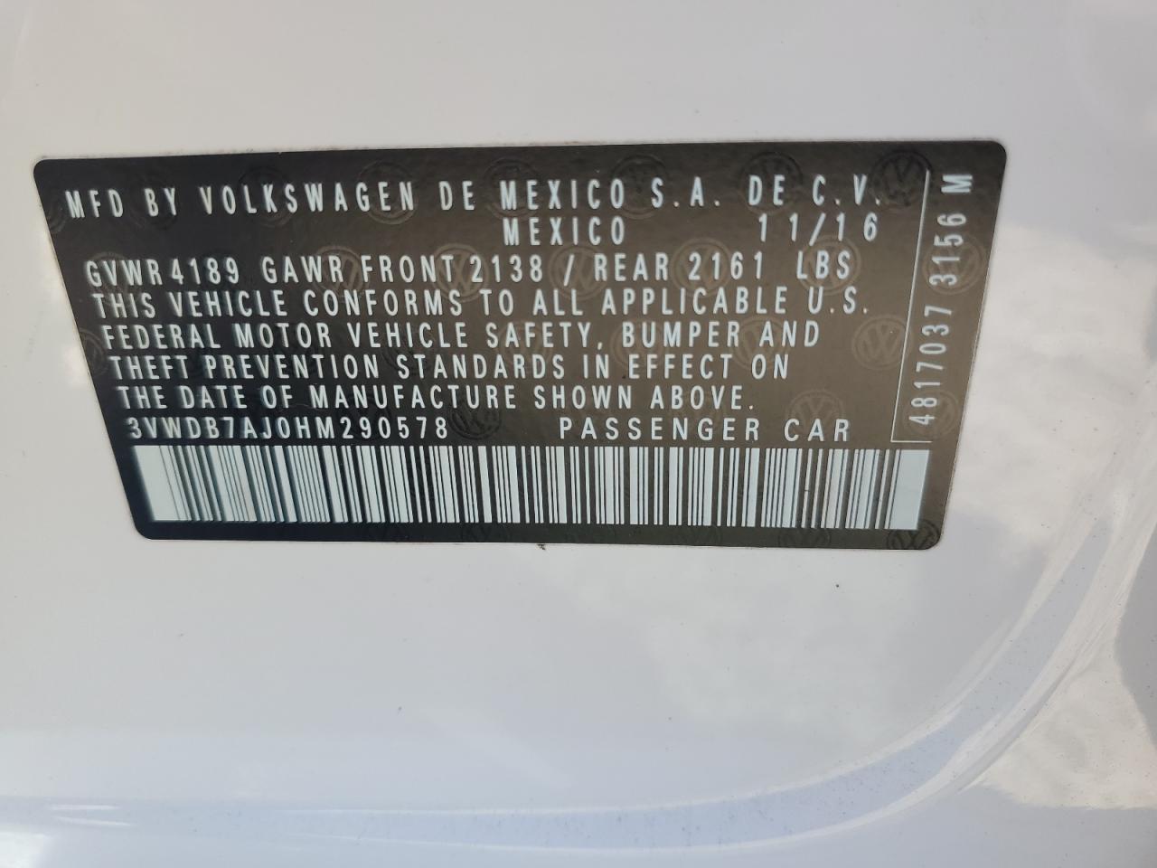 3VWDB7AJ0HM290578 2017 Volkswagen Jetta Se