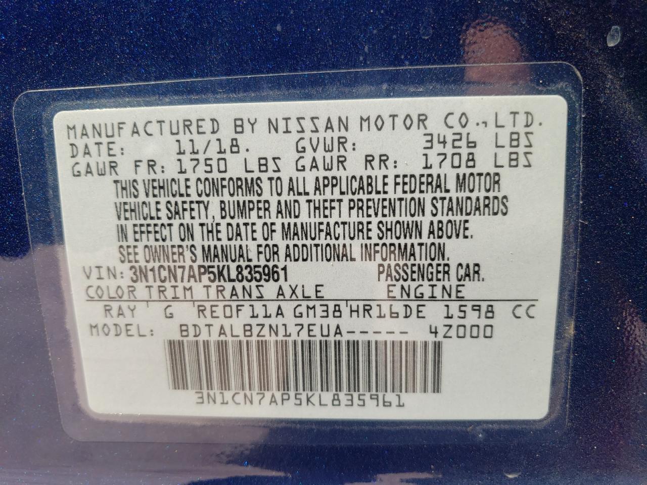 3N1CN7AP5KL835961 NISSAN VERSA 2019