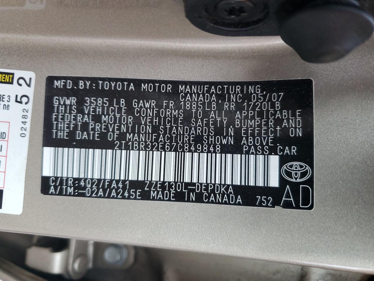 2T1BR32E67C849848 2007 Toyota Corolla Ce