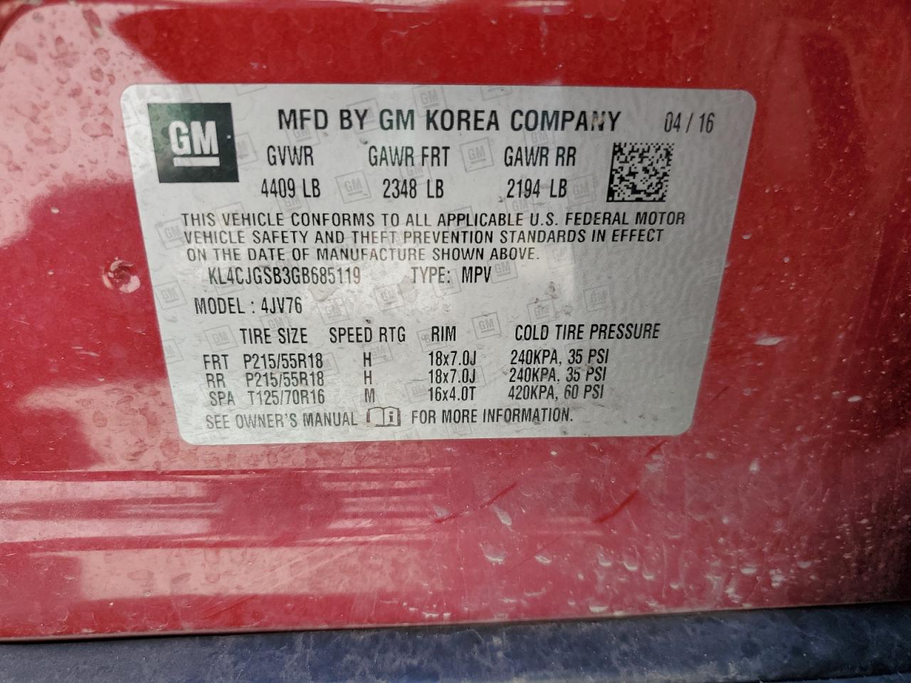 KL4CJGSB3GB685119 2016 Buick Encore