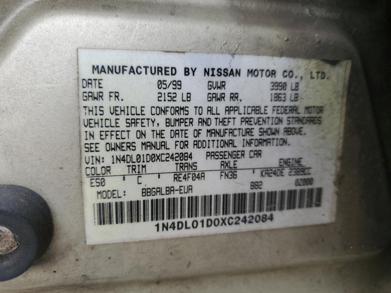 1N4DL01D0XC242084 1999 Nissan Altima Xe