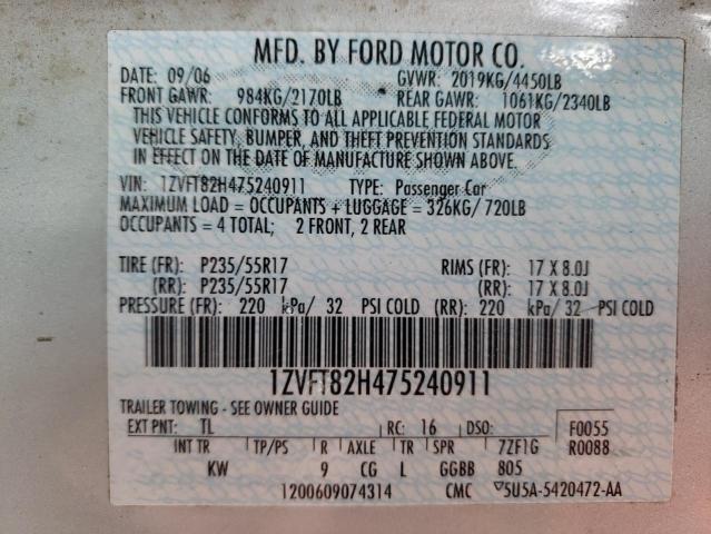 2007 Ford Mustang Gt VIN: 1ZVFT82H475240911 Lot: 51902524