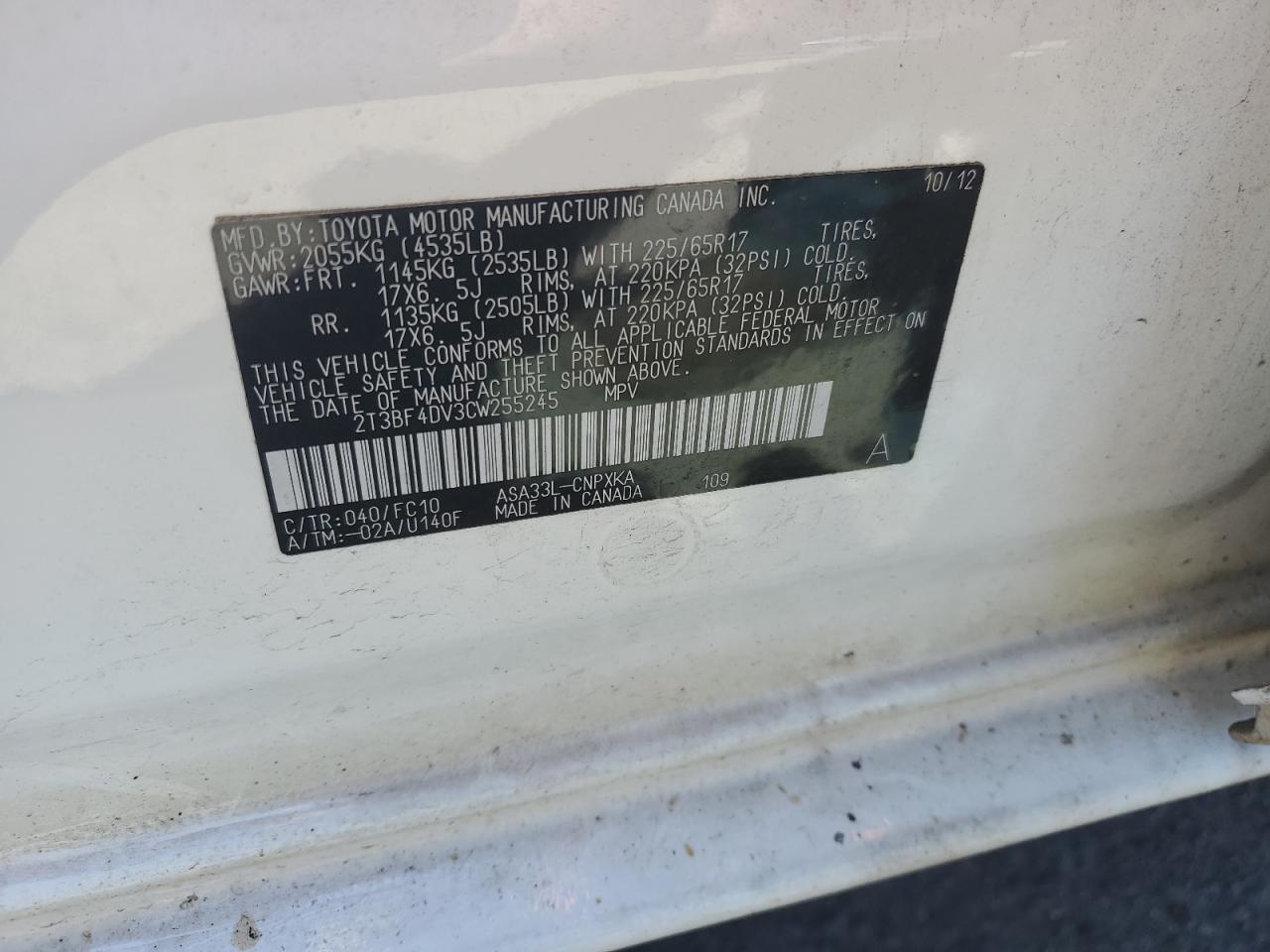 2T3BF4DV3CW255245 2012 Toyota Rav4