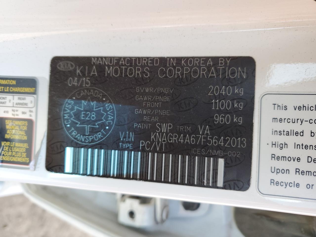 KNAGR4A67F5642013 2015 Kia Optima Sx