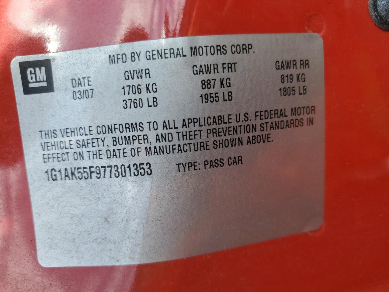 1G1AK55F977301353 2007 Chevrolet Cobalt Ls