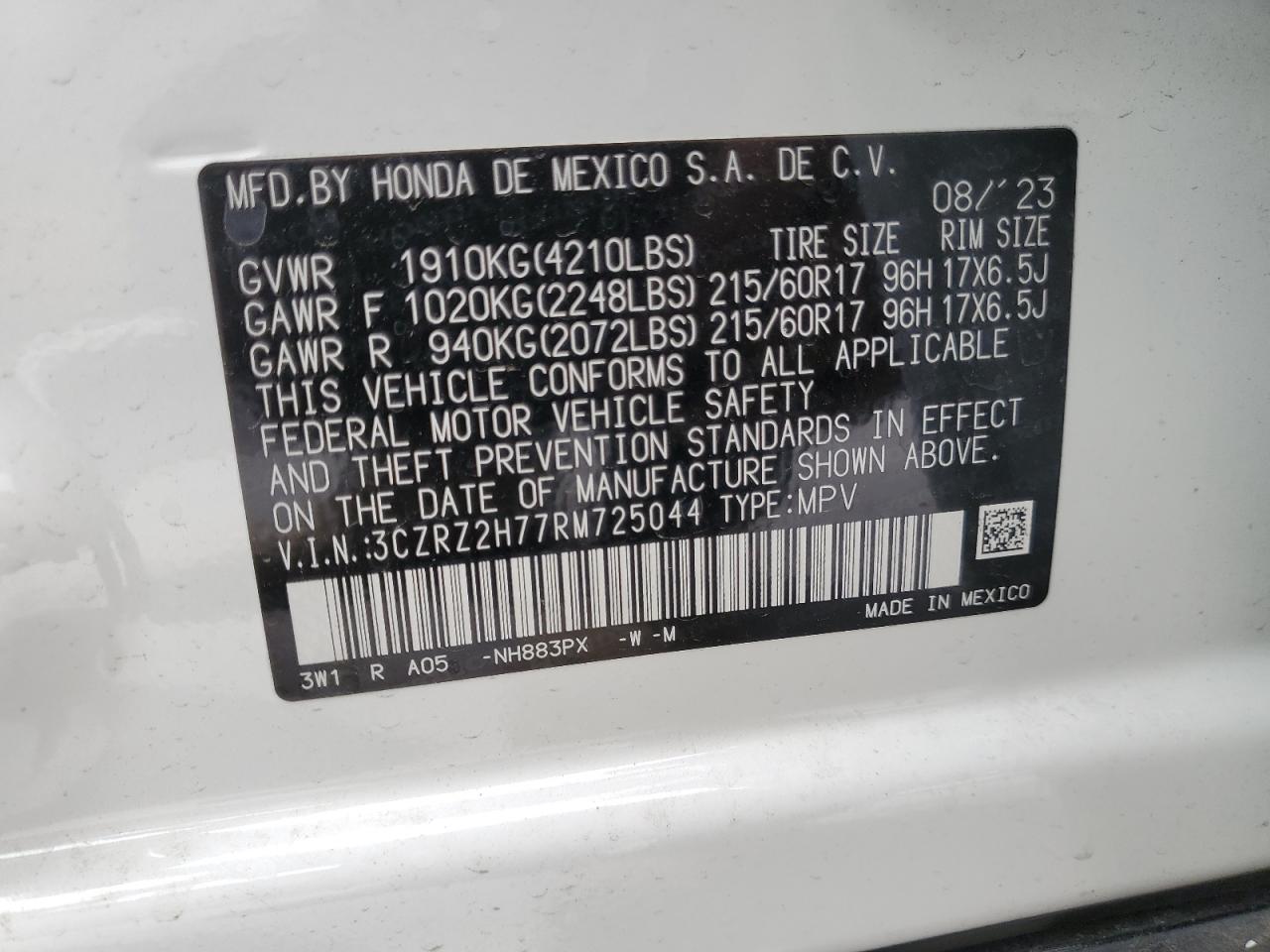 3CZRZ2H77RM725044 2024 Honda Hr-V Exl