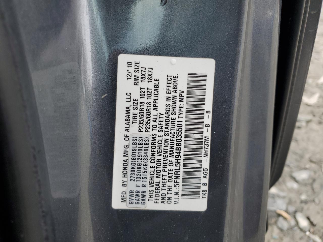 5FNRL5H94BB035501 2011 Honda Odyssey Touring