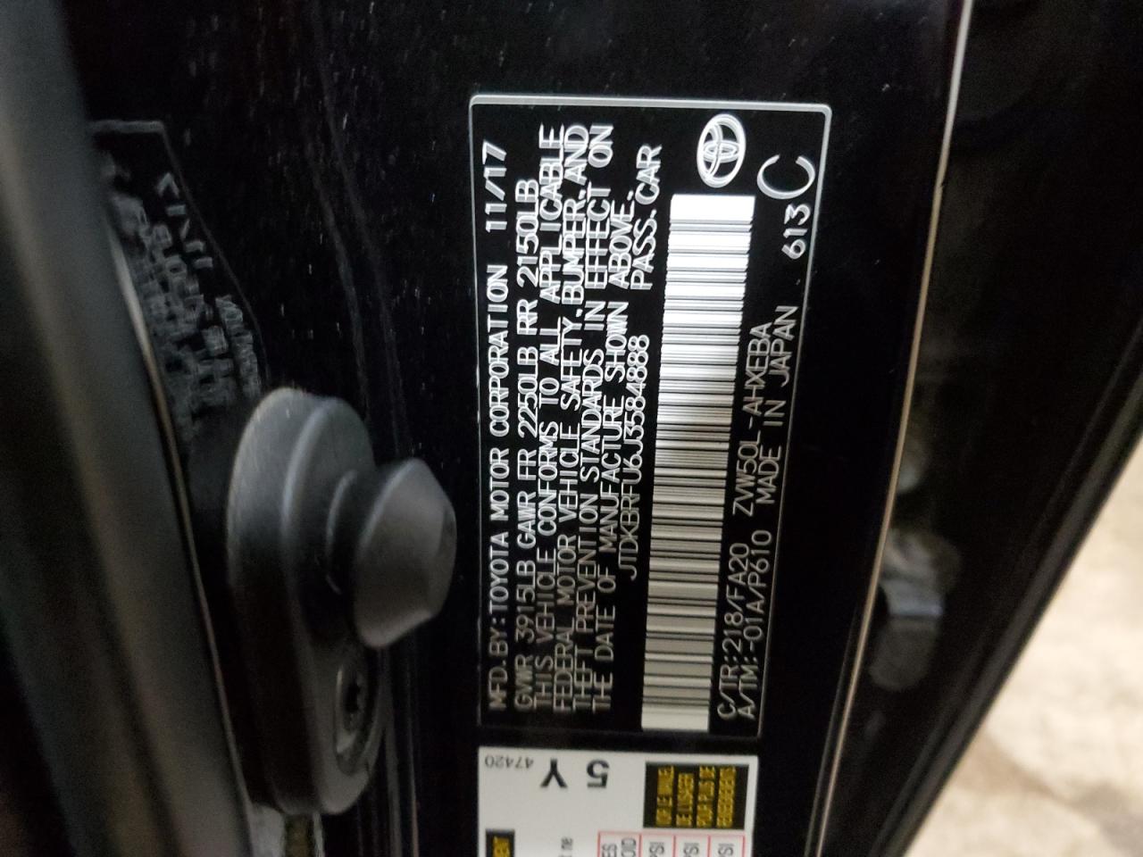 JTDKBRFU6J3584888 TOYOTA PRIUS 2018
