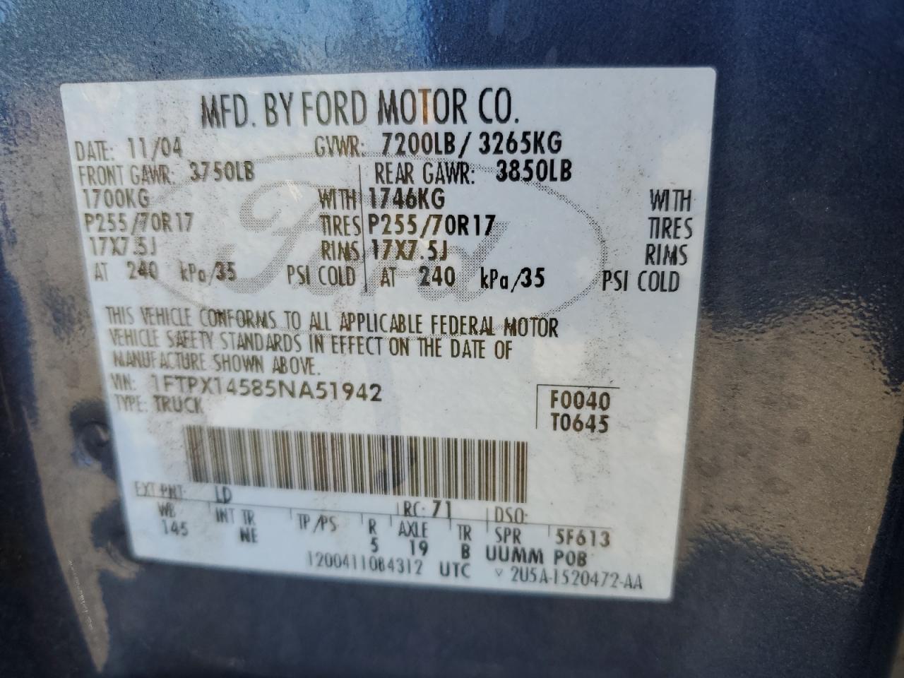 1FTPX14585NA51942 2005 Ford F150