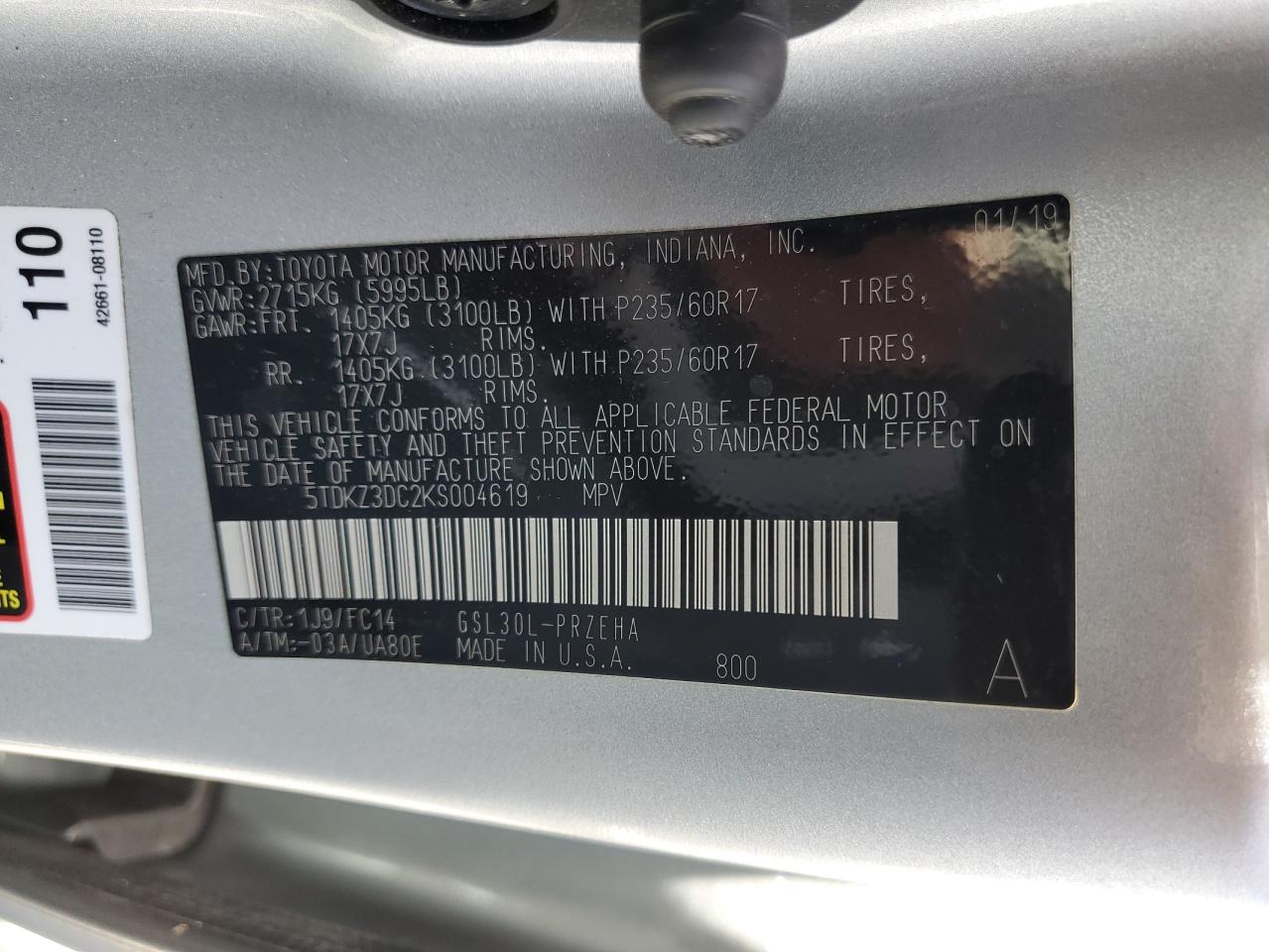 5TDKZ3DC2KS004619 2019 Toyota Sienna Le