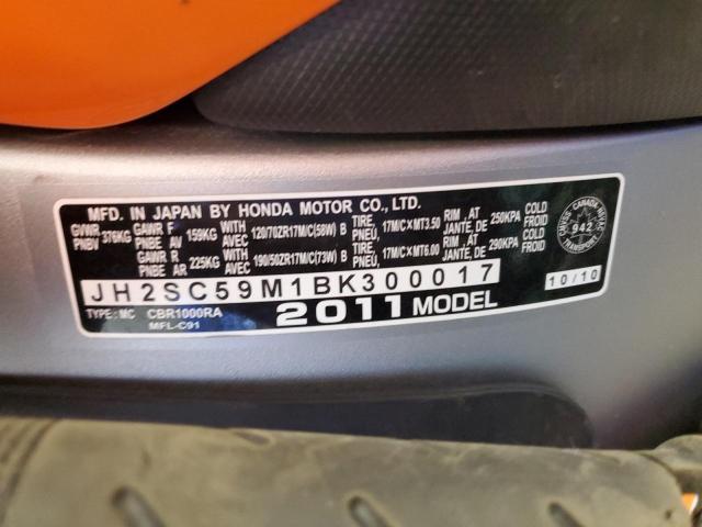 2011 HONDA CBR1000 JH2SC59M1BK300017