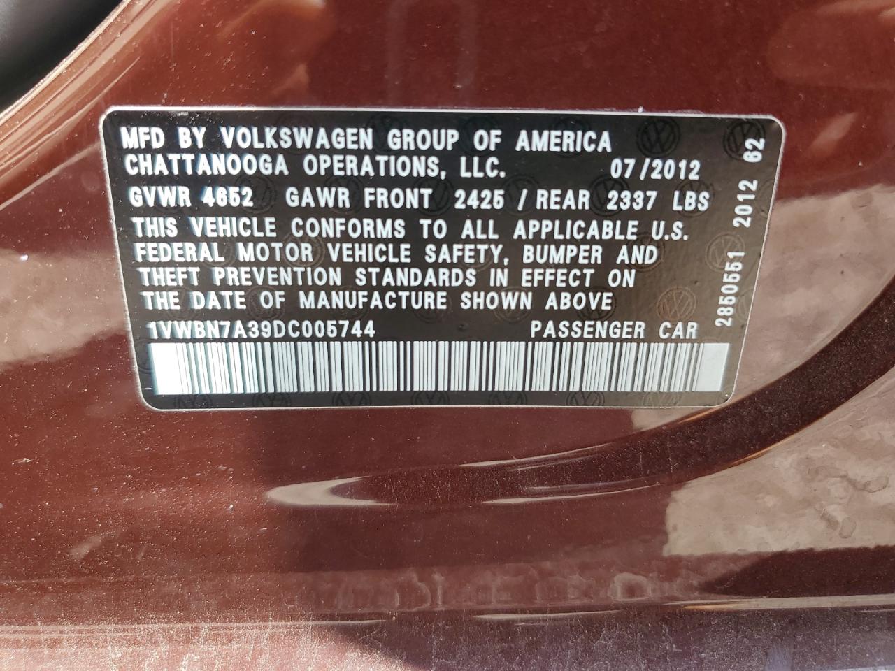 1VWBN7A39DC005744 2013 Volkswagen Passat Se