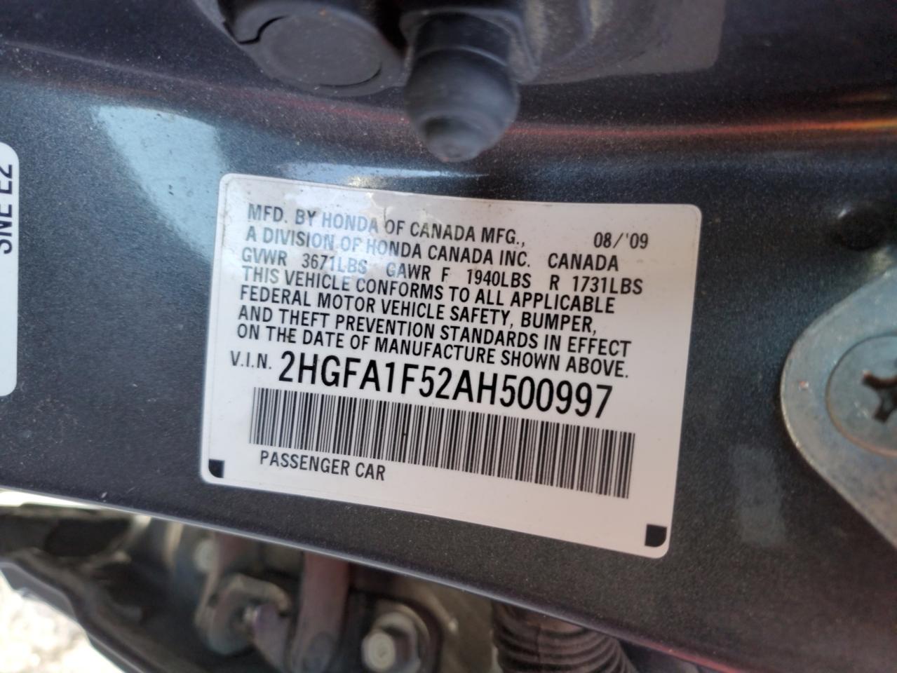 2HGFA1F52AH500997 2010 Honda Civic Lx