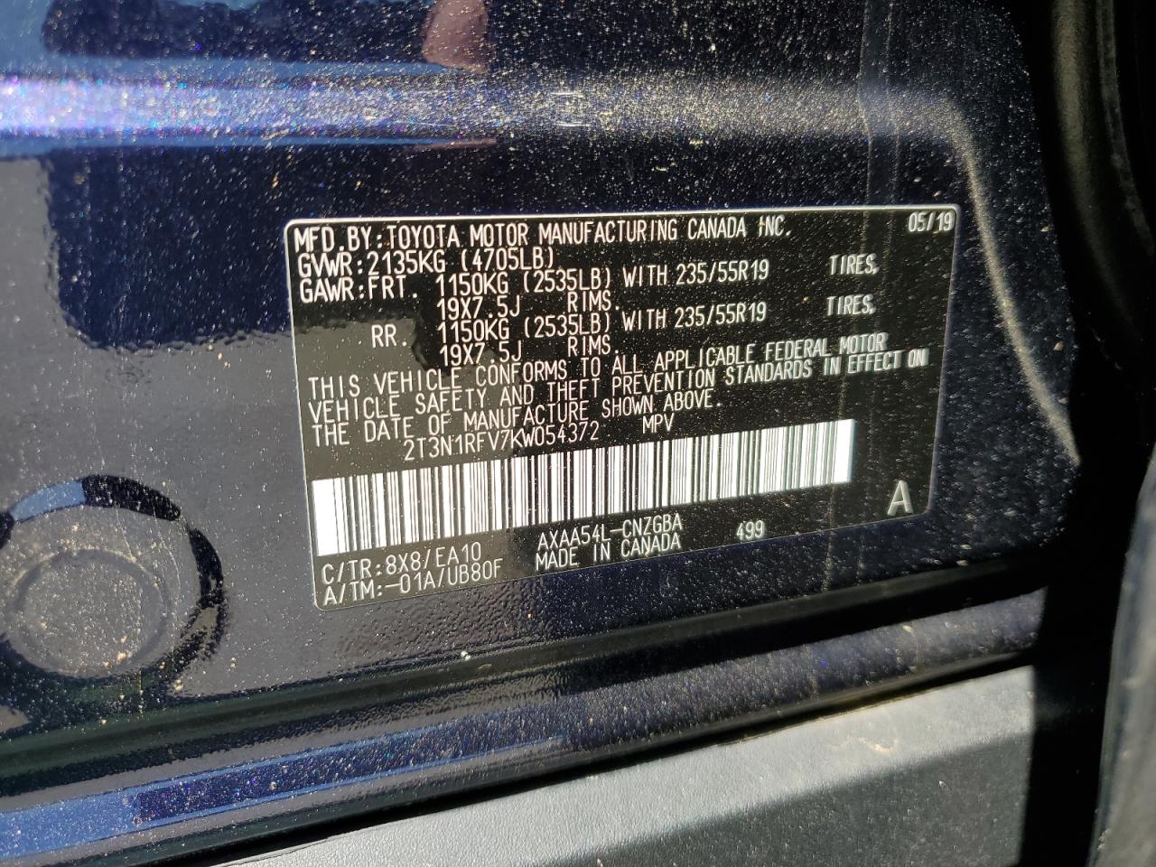 2t3n1rfv7kw054372 2T3N1RFV7KW054372 2019 Toyota Rav4 Limited