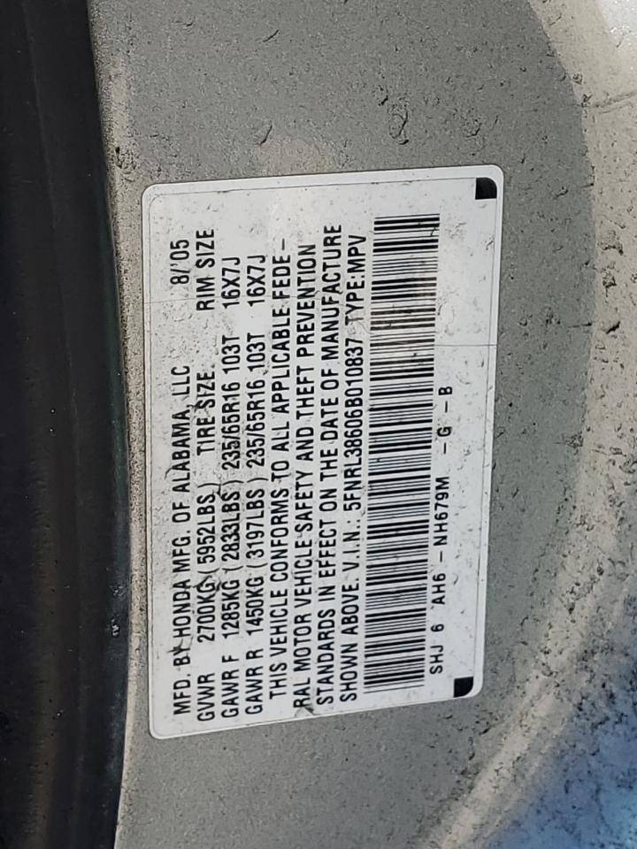 5FNRL38606B010837 2006 Honda Odyssey Exl