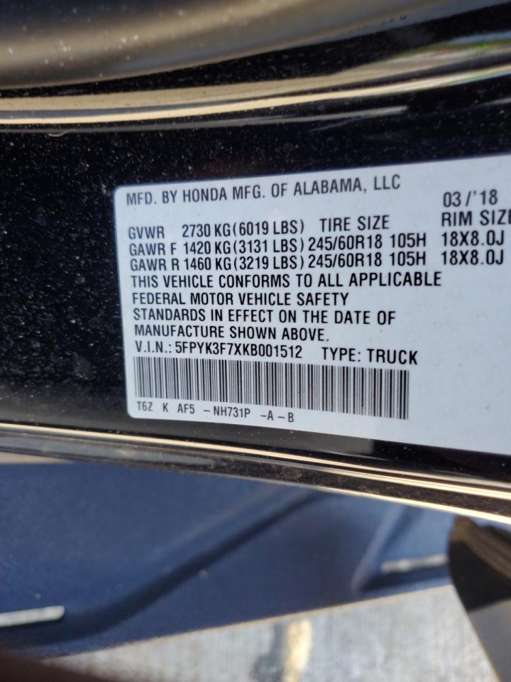 5FPYK3F7XKB001512 2019 Honda Ridgeline Rtl