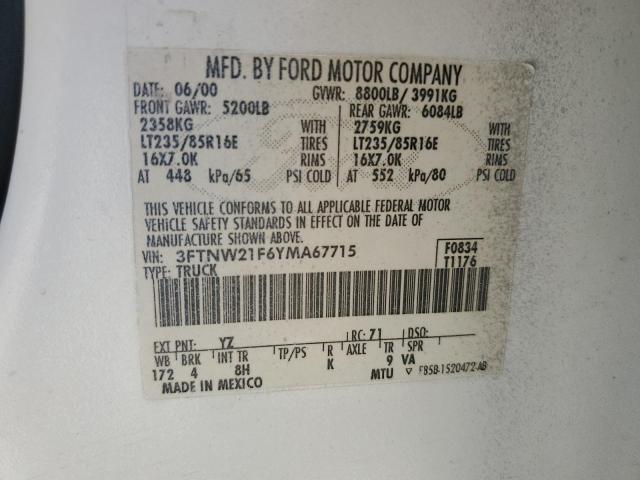 2000 Ford F250 Super Duty VIN: 3FTNW21F6YMA67715 Lot: 51201584